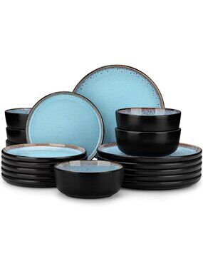 Light Blue Stoneware Dinnerware Set for 6 - 18 Pieces, Microwave & Dishwasher